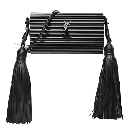 Saint Laurent Ribbed Plexiglass Lambskin Fringe Monogram Opium Box Bag Black 1 of 9