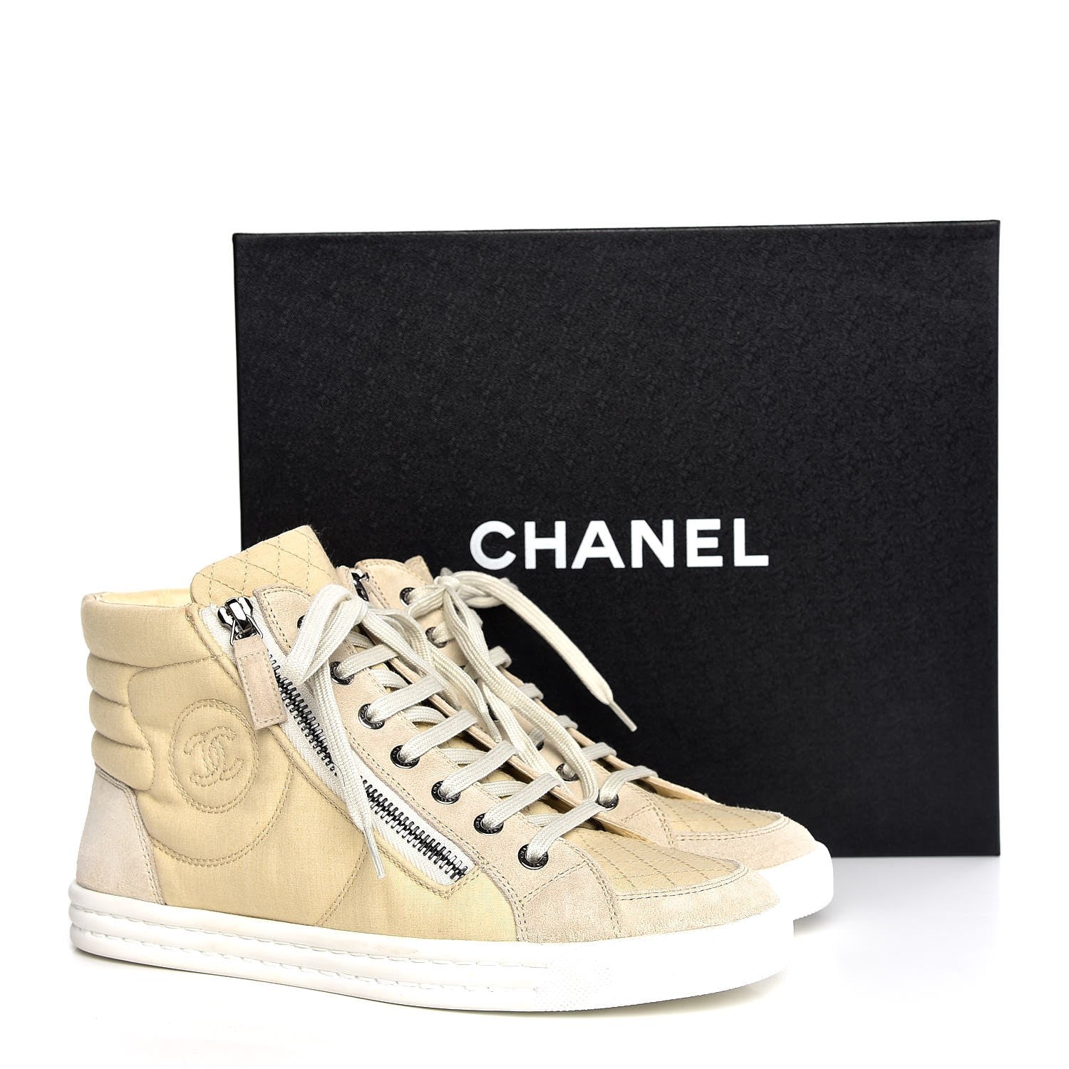 Chanel Toile Suede Calfskin CC High Top Sneakers 37 Beige White 11 of 11