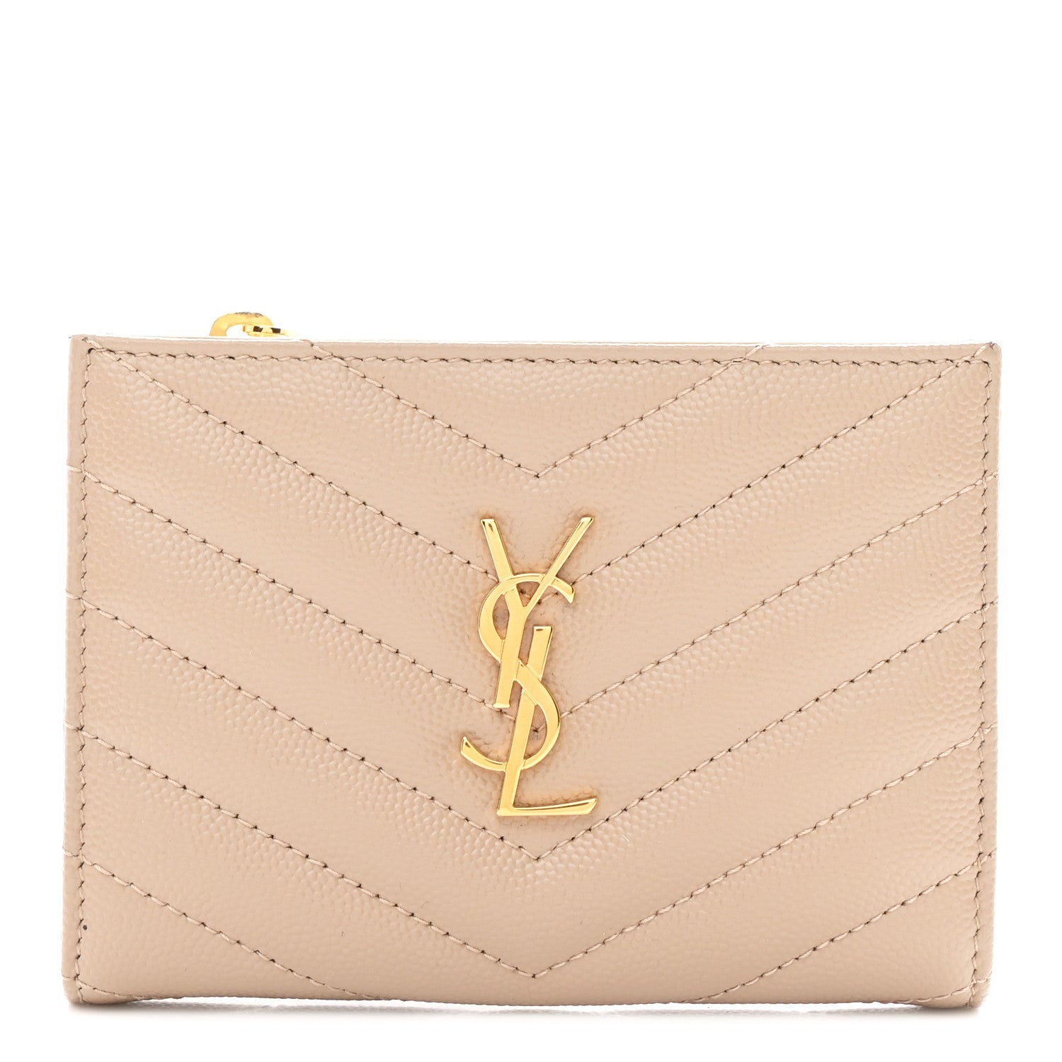 Saint Laurent Grain De Poudre Matelasse Chevron Monogram Zipped Two-Part Wallet Dark Beige 1 of 10