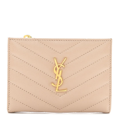 Saint Laurent Grain De Poudre Matelasse Chevron Monogram Zipped Two-Part Wallet Dark Beige 1 of 10