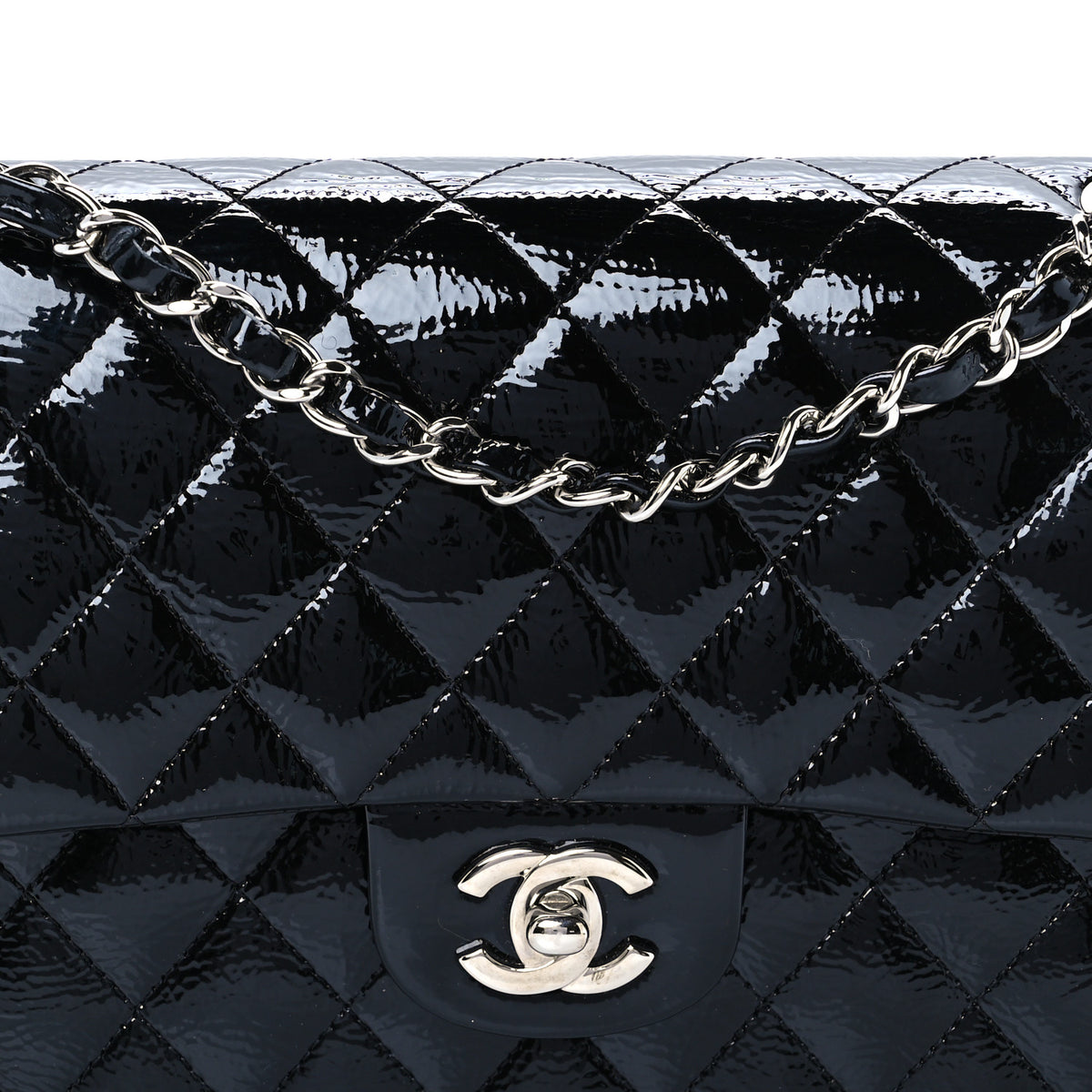 Distressed Patent Quilted Medium Double Flap Black