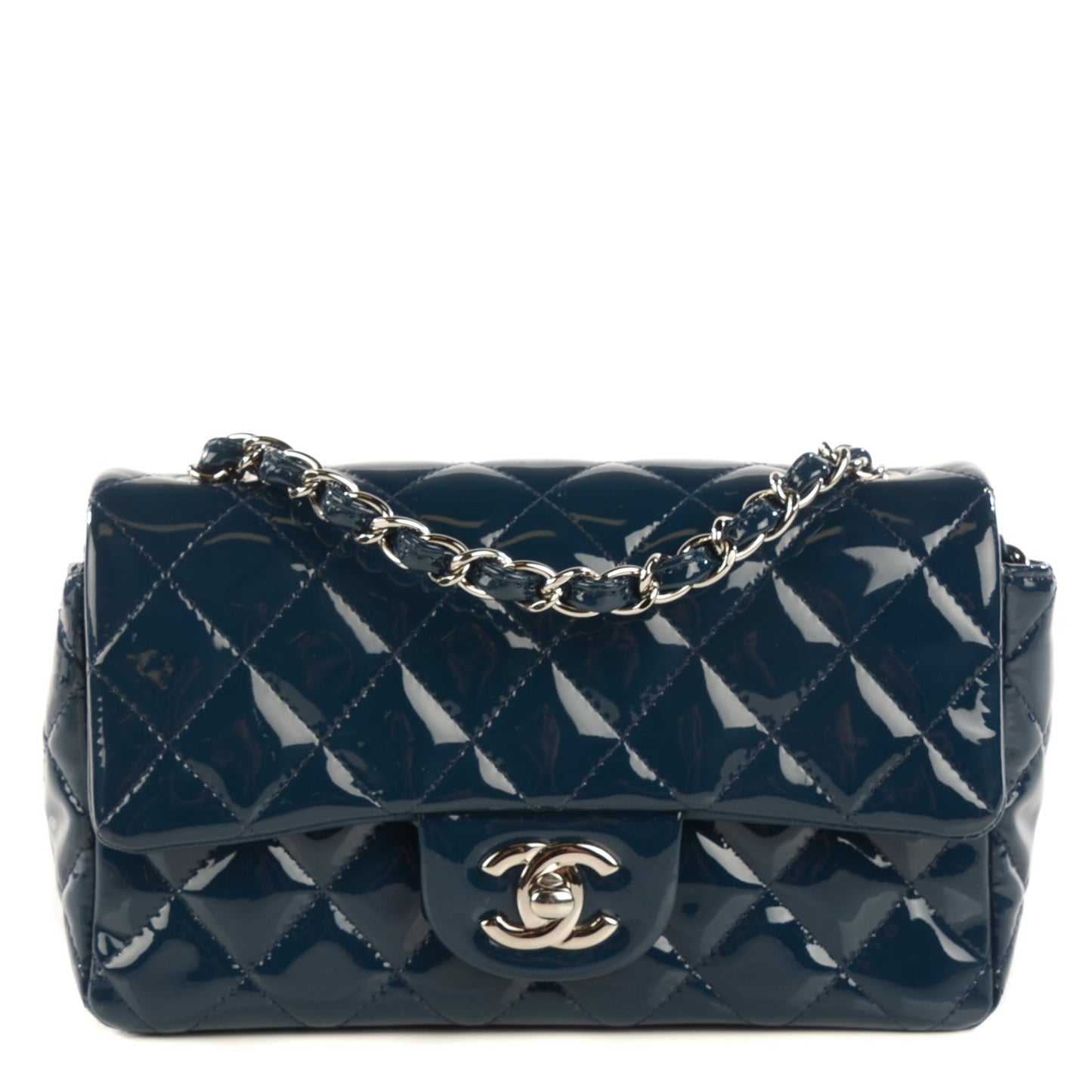 Patent Calfskin Quilted Mini Rectangular Flap Navy Blue