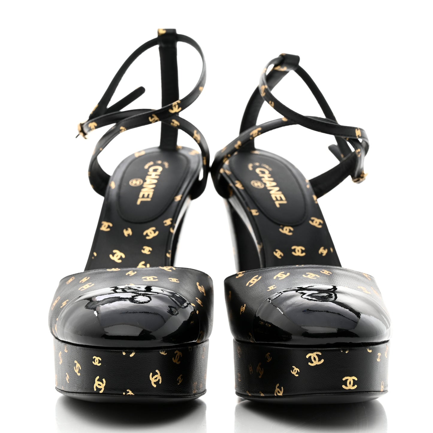 Printed Lambskin CC Platform Pumps 37 Black Gold