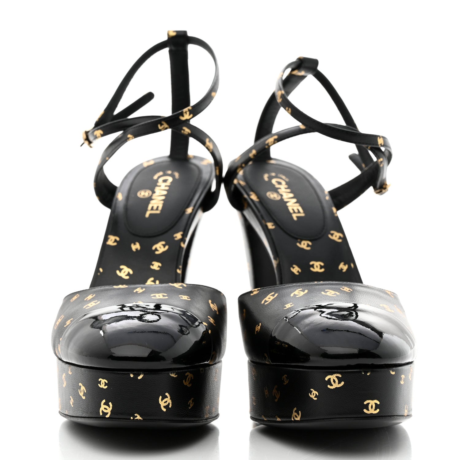 Chanel Printed Lambskin CC Platform Pumps 37 Black Gold 2 of 9