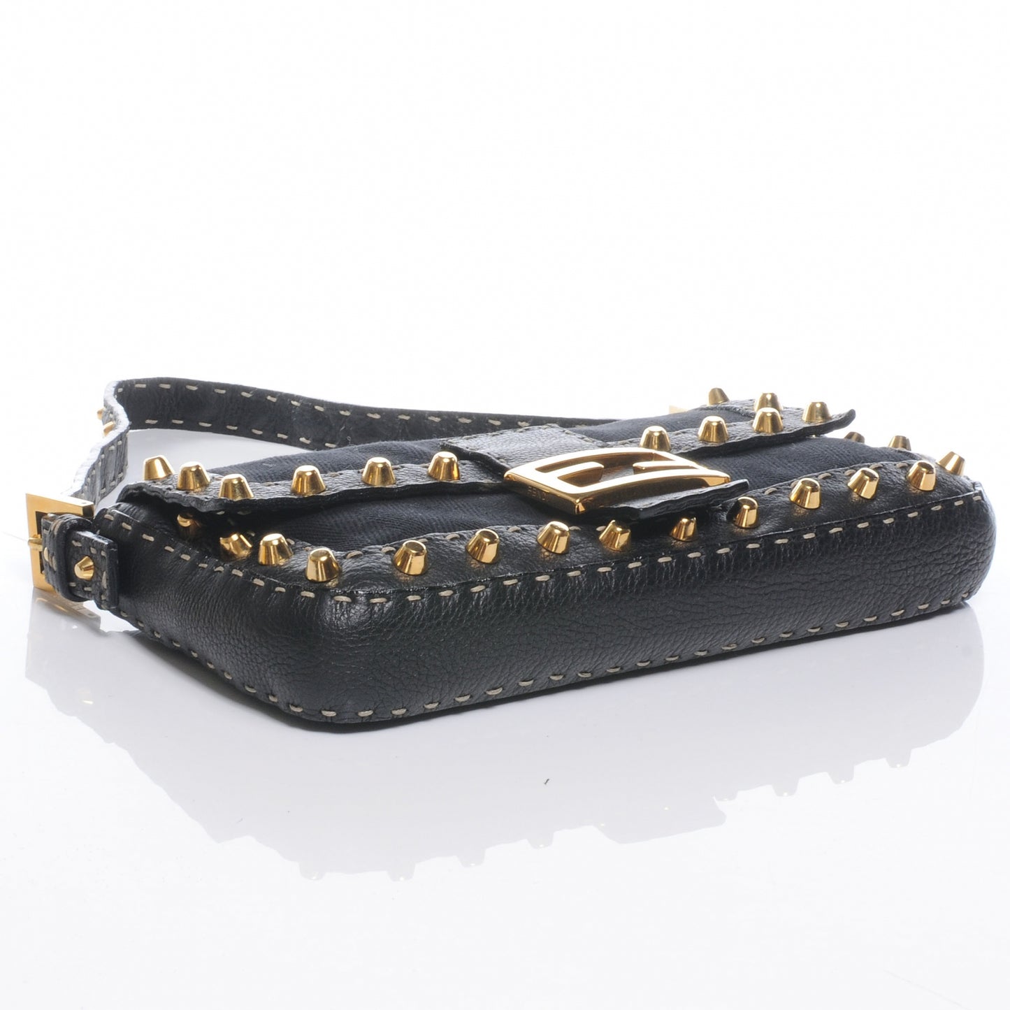 Canvas Calfskin Romano Selleria Studded Baguette Black