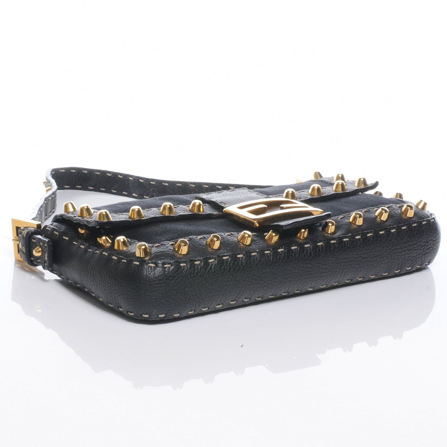 Fendi Canvas Calfskin Romano Selleria Studded Baguette Black 4 of 8
