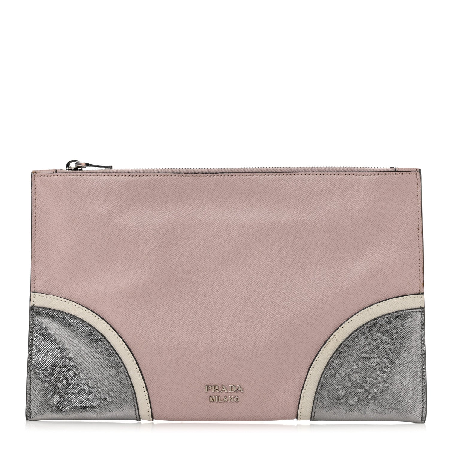 Prada Metallic Saffiano Hand Strap Clutch Pink Silver 1 of 7