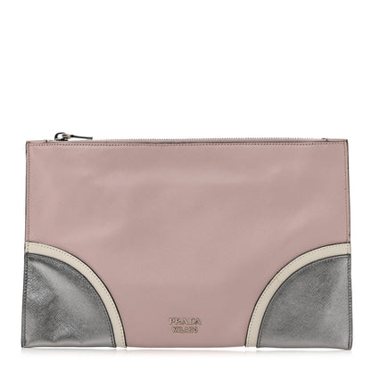 Prada Metallic Saffiano Hand Strap Clutch Pink Silver 1 of 7