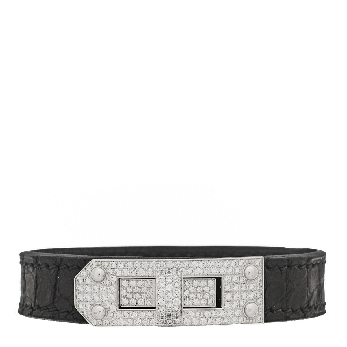 Hermes 18K White Gold Shiny Alligator Diamond Kelly Bracelet SH Black 1 of 7
