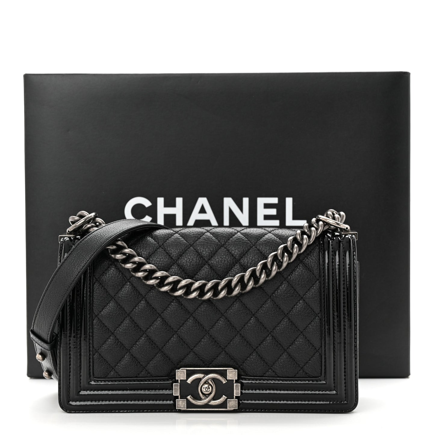 Goatskin Quilted Patent Medium Duo Boy Flap Black