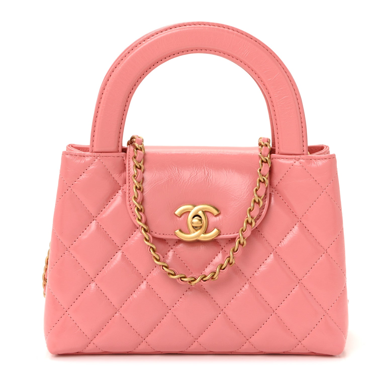 Chanel Shiny Aged Calfskin Quilted Nano Kelly Shopper Coral Pink 2 of 19