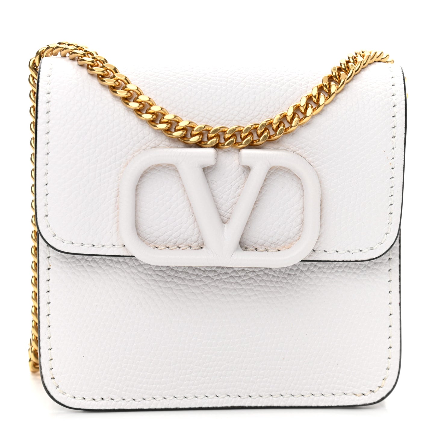 Grainy Calfskin Vlogo Compact Wallet with Chain Optic White