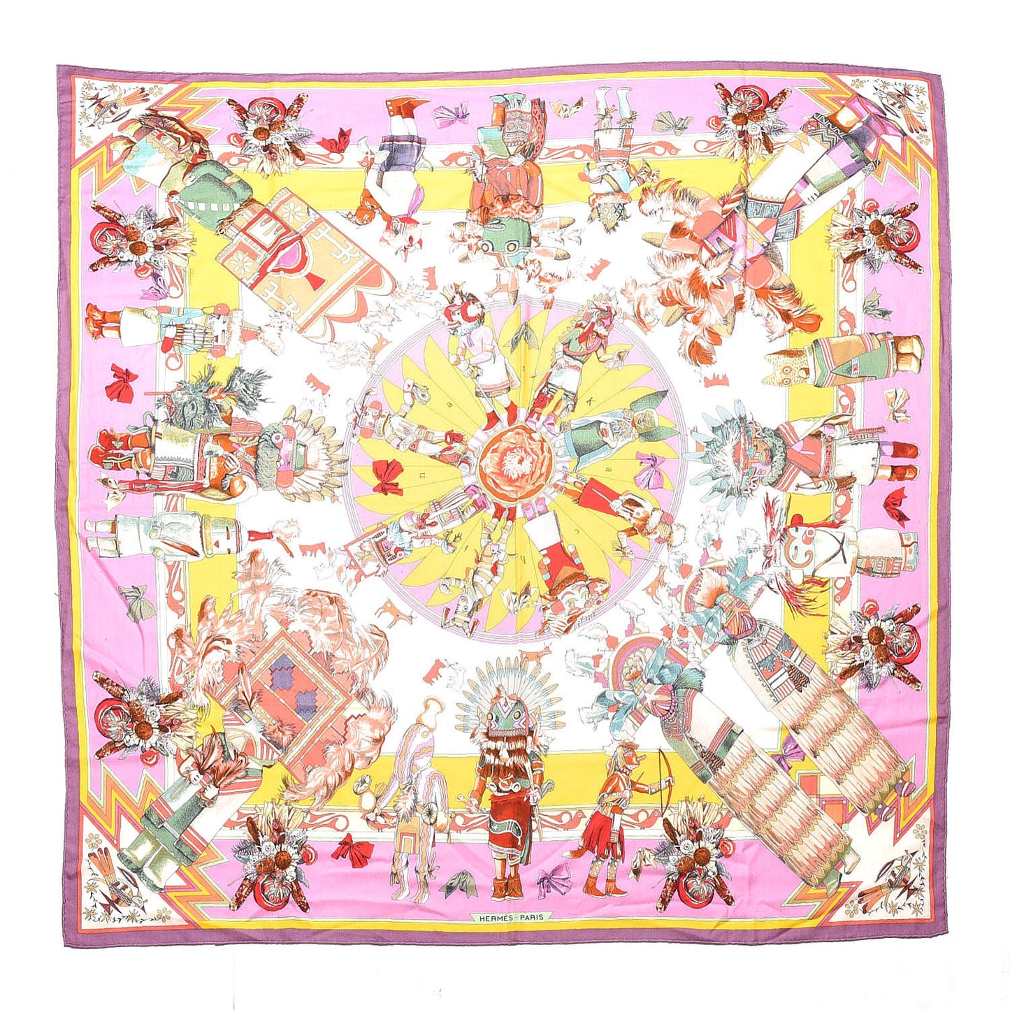 Cashmere Silk Kachinas Shawl 140 Mauve Rose Bonbon Jaune Vif