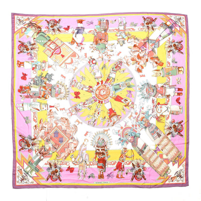 Hermes Cashmere Silk Kachinas Shawl 140 Mauve Rose Bonbon Jaune Vif 1 of 4