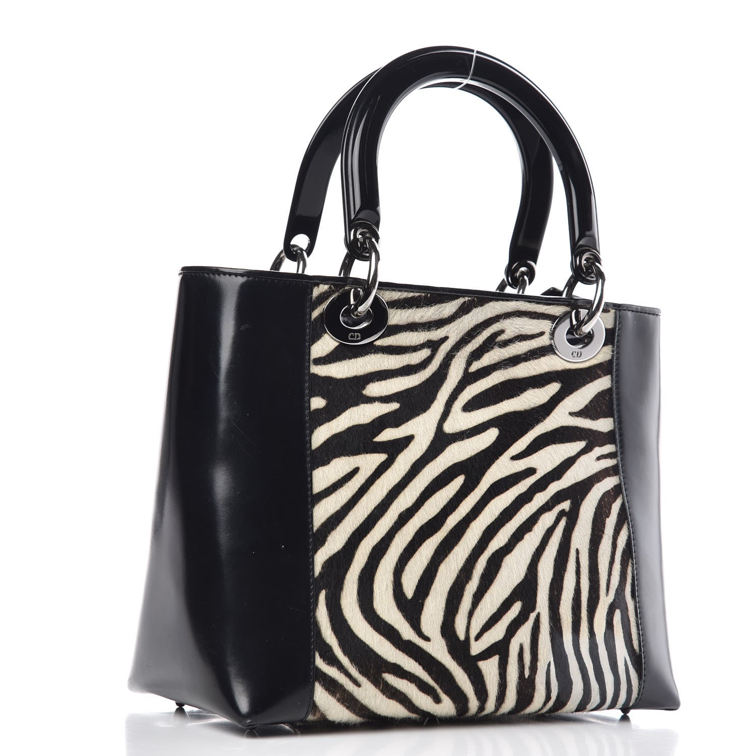 Christian Dior Vintage Patent Pony Hair Zebra Print Medium Lady Dior Black 3 of 14