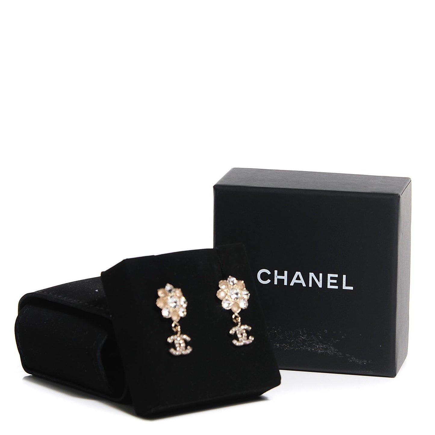 Crystal CC Flower Dangle Earrings Gold Beige