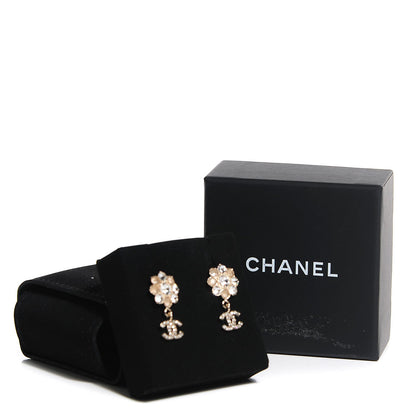Chanel Crystal CC Flower Dangle Earrings Gold Beige 4 of 5