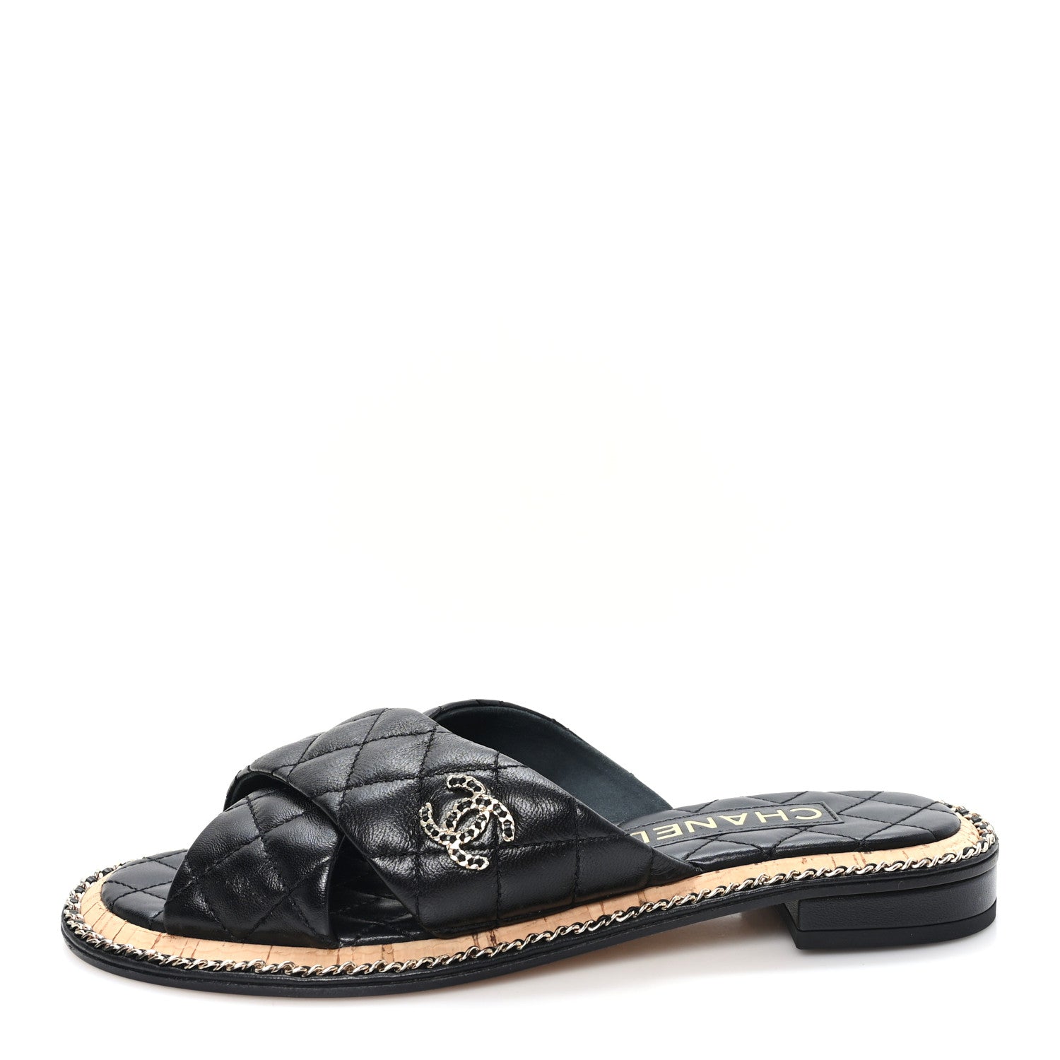 Chanel Shiny Lambskin Quilted Chain CC Sandals 38 Black 1 of 9