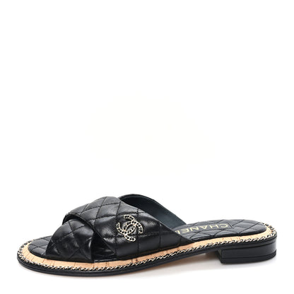 Chanel Shiny Lambskin Quilted Chain CC Sandals 38 Black 1 of 9
