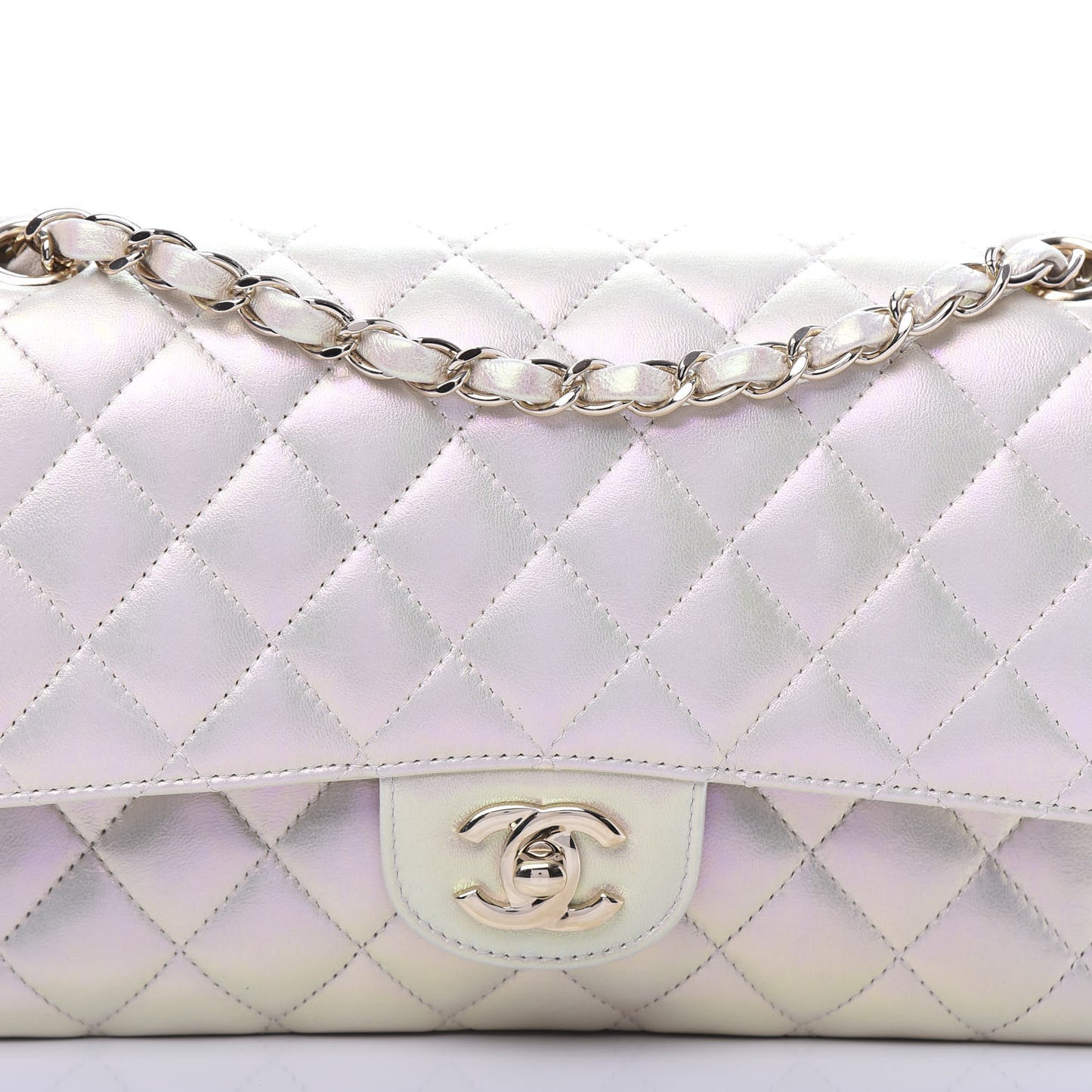 Iridescent Lambskin Quilted Medium Double Flap Ivory