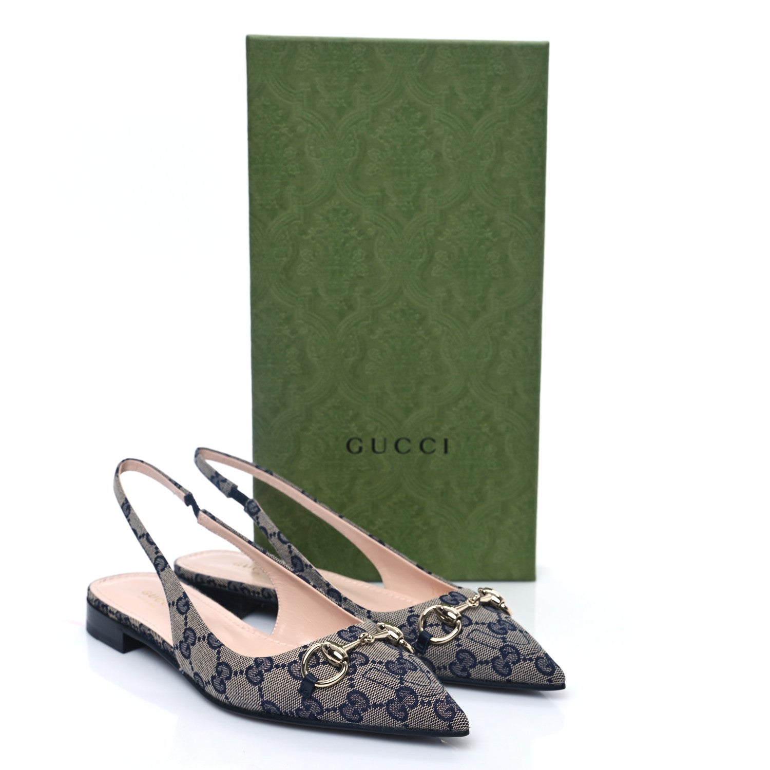 Gucci Monogram Horsebit Womens Slingback Ballet Flat 37 Beige Blue 10 of 10