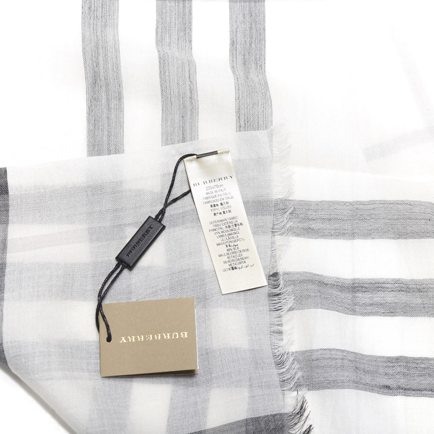 Wool Silk Gauze Giant Check Lightweight Scarf Natural White