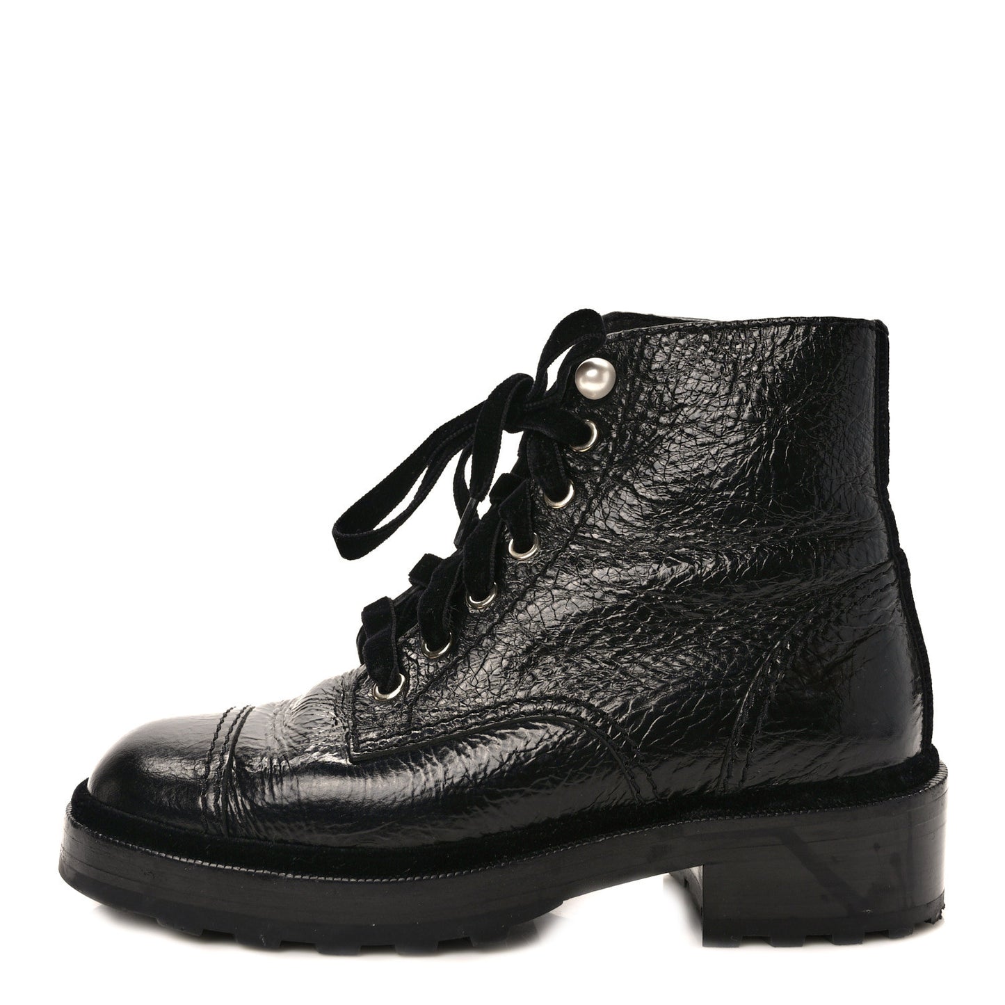 Shiny Calfskin Velvet Pearl Combat Short Boots 36 Black