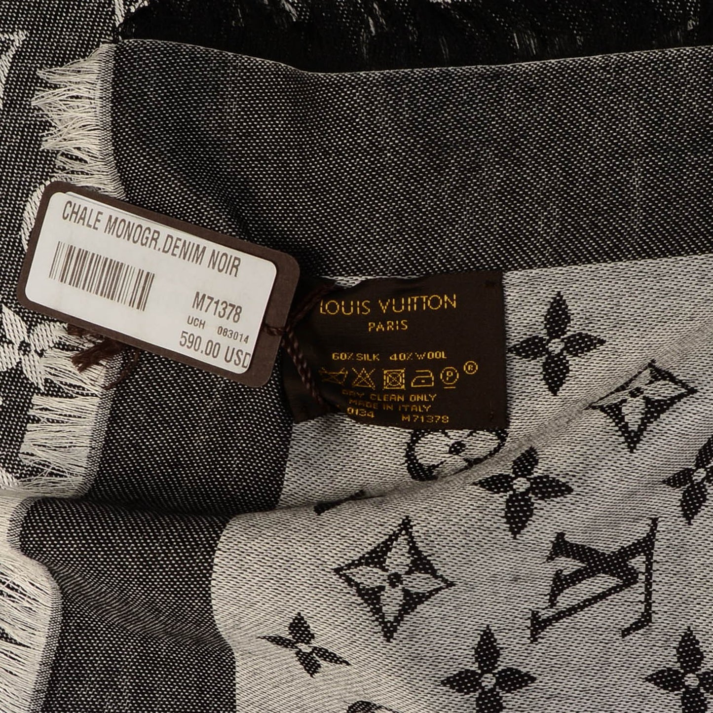 Wool Silk Monogram Denim Shawl Black