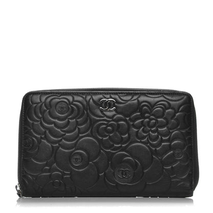 Chanel Lambskin Camellia Embossed Zip Around Organizer Wallet Black 1 of 10