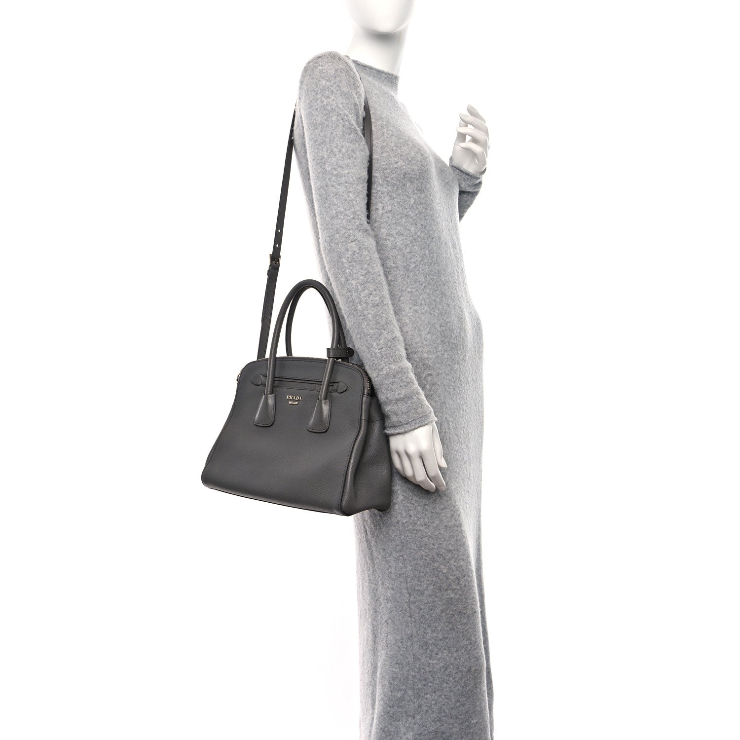 Prada Saffiano Cuir Double Zip Frame Tote Marmo 2 of 17