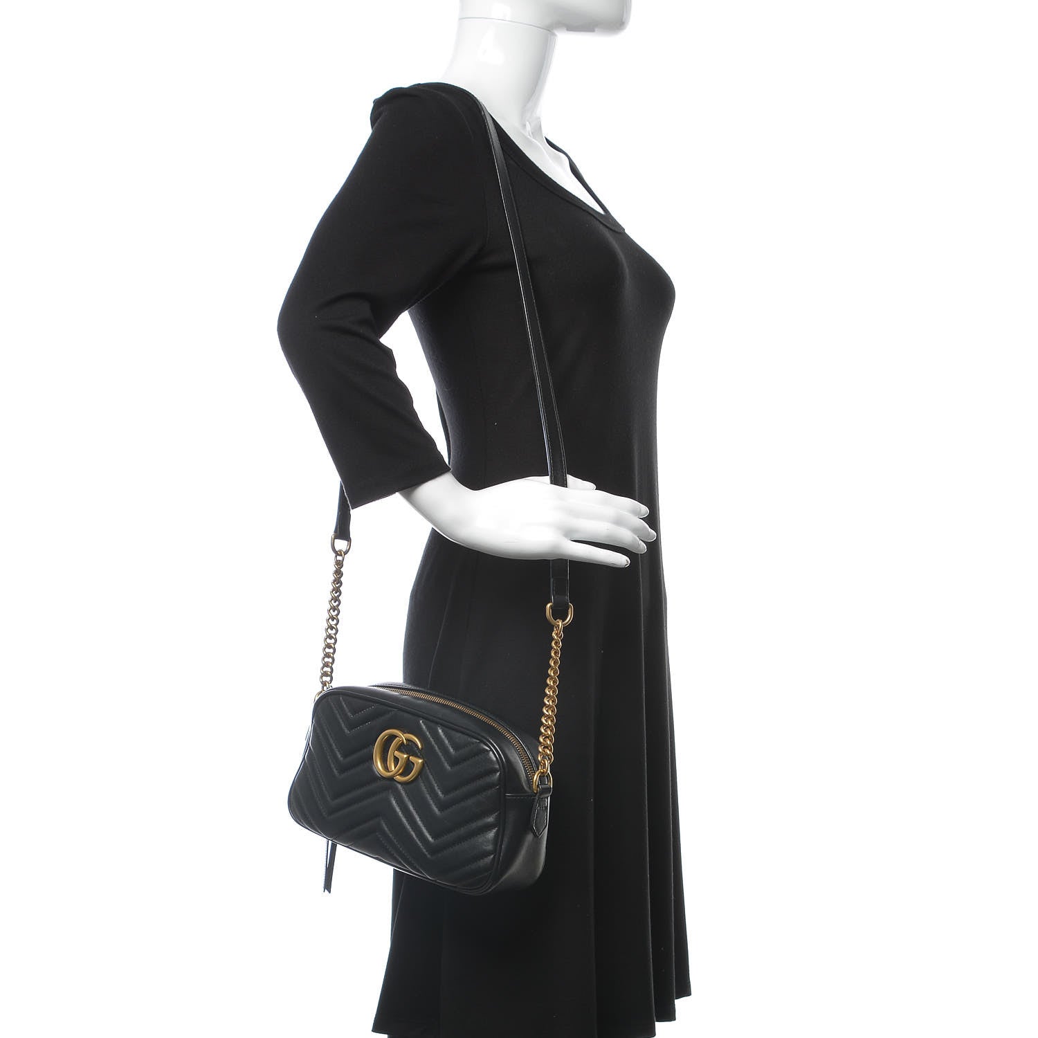 Gucci Calfskin Matelasse Small GG Marmont Chain Shoulder Bag Black 2 of 7