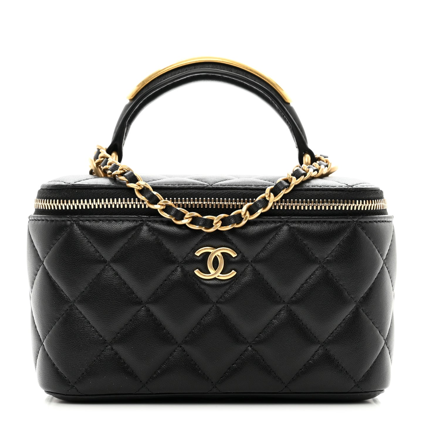Lambskin Quilted Metal Small Top Handle Vanity Case With Chain Black