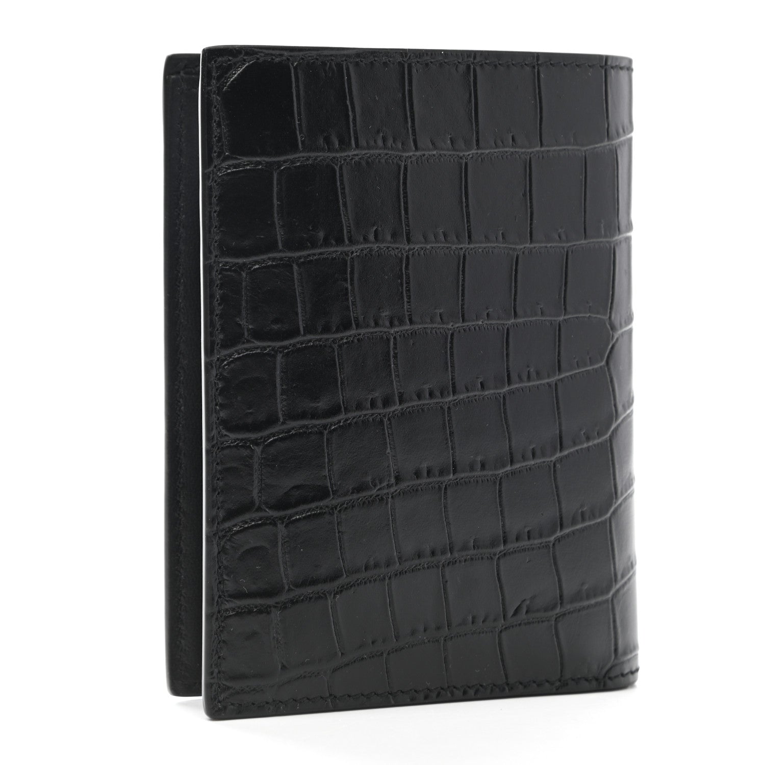 Saint Laurent Calfskin Crocodile Embossed Tiny Monogram Credit Card Wallet Black 3 of 7