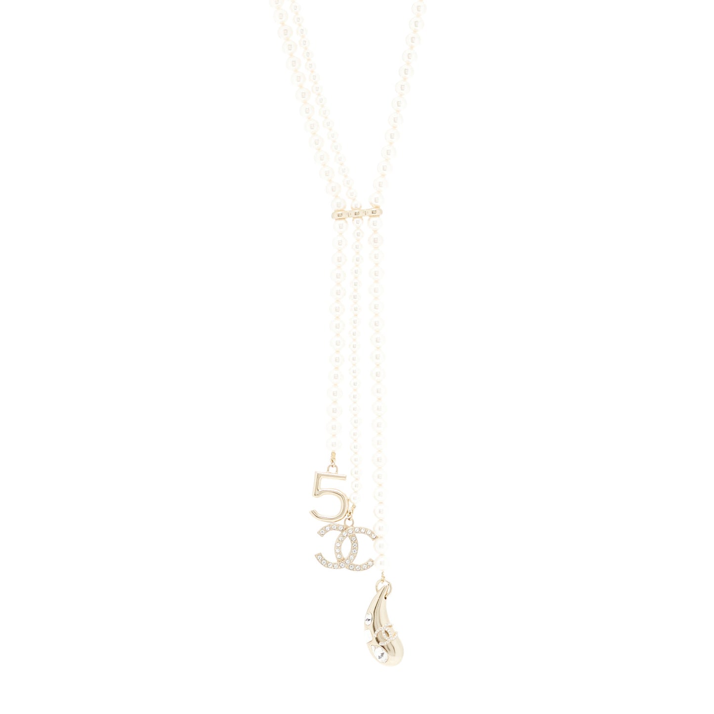 Pearl Beaded CC Charm Drop Multi Strand Lariat Necklace Pearly White Gold