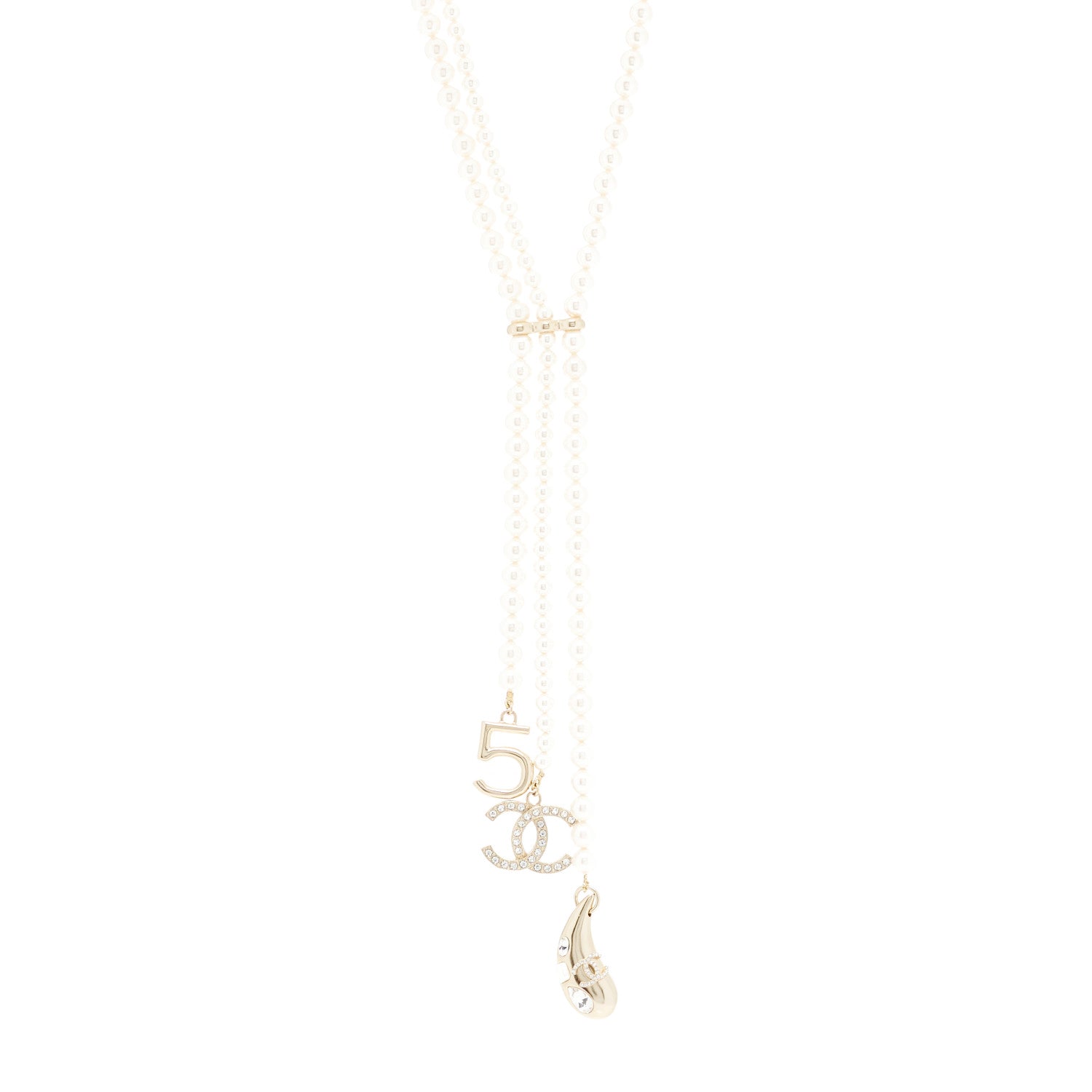 Chanel Pearl Beaded CC Charm Drop Multi Strand Lariat Necklace Pearly White Gold 1 of 5