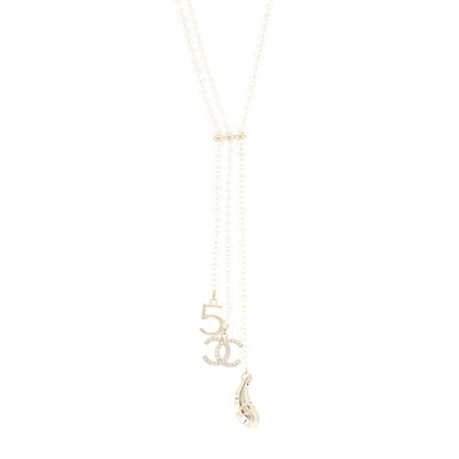 Chanel Pearl Beaded CC Charm Drop Multi Strand Lariat Necklace Pearly White Gold 1 of 5