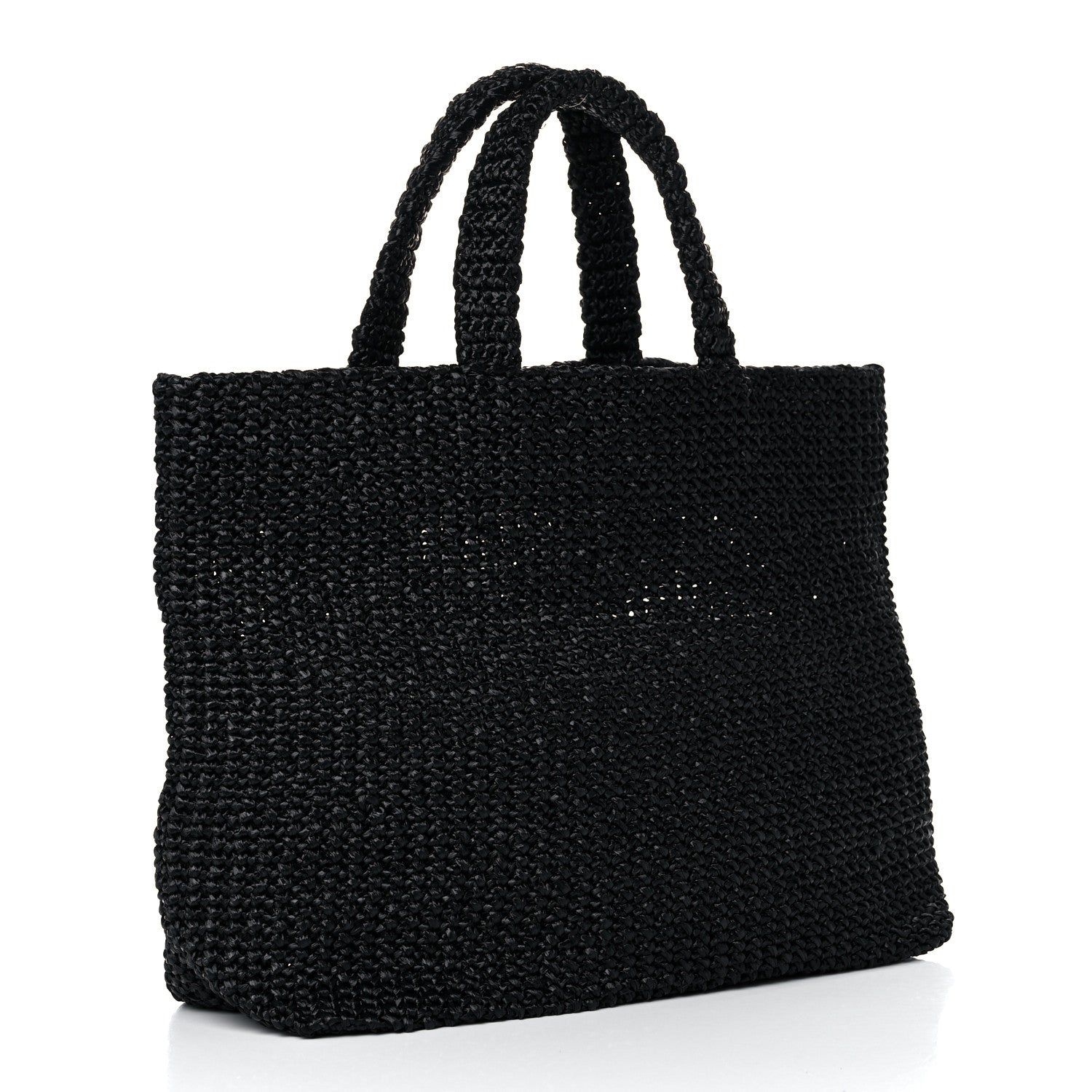 Prada Yarn Raffia Effect Crochet Large Logo Tote Black 3 of 9
