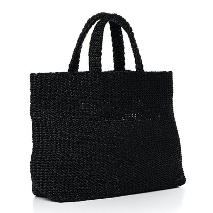 Prada Yarn Raffia Effect Crochet Large Logo Tote Black 3 of 9
