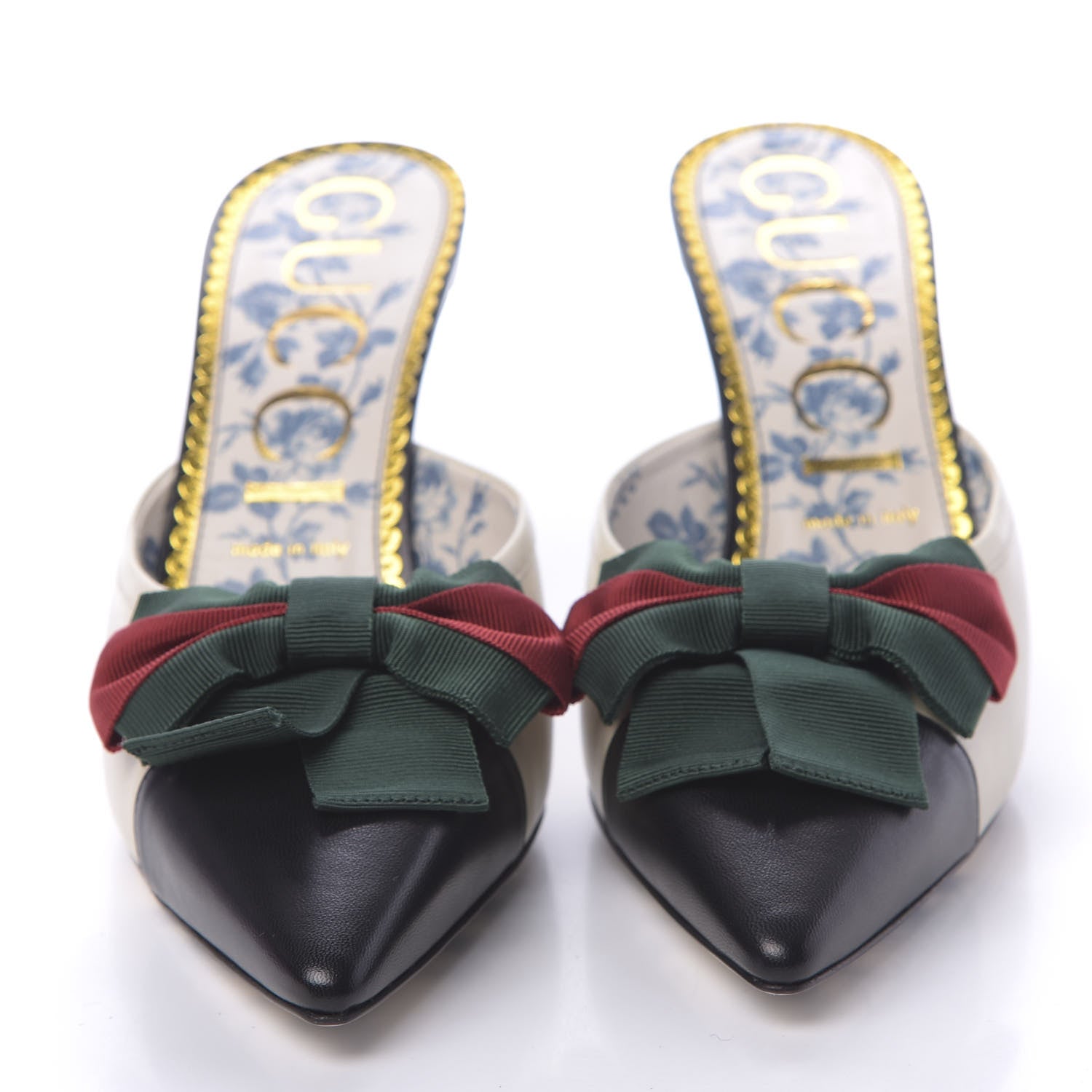 Gucci Malaga Kid Web Bow Mid Heel Mules 41.5 Black Vintage White 2 of 10