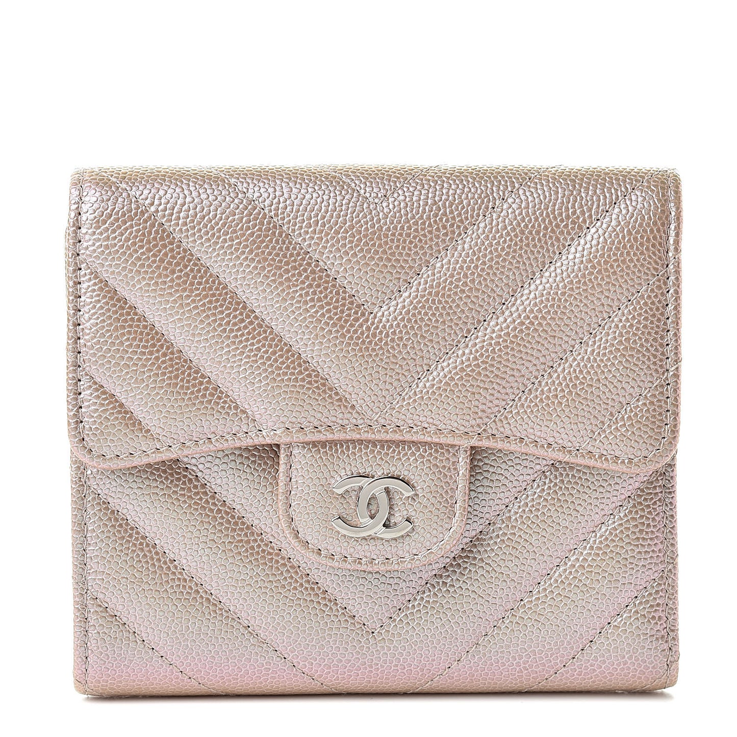 Metallic Caviar Chevron Quilted Compact Flap Wallet Light Gold