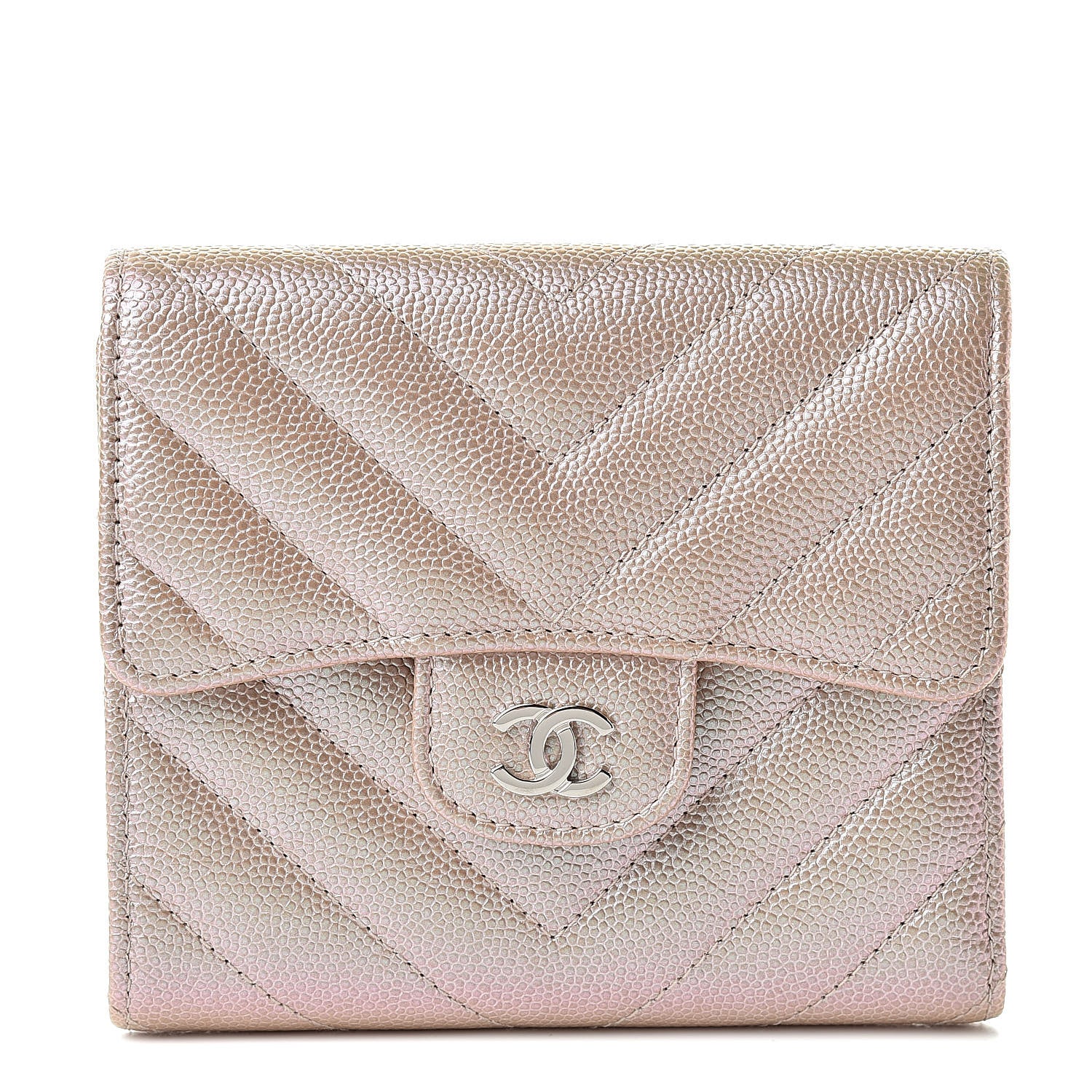 Chanel Metallic Caviar Chevron Quilted Compact Flap Wallet Light Gold 1 of 9