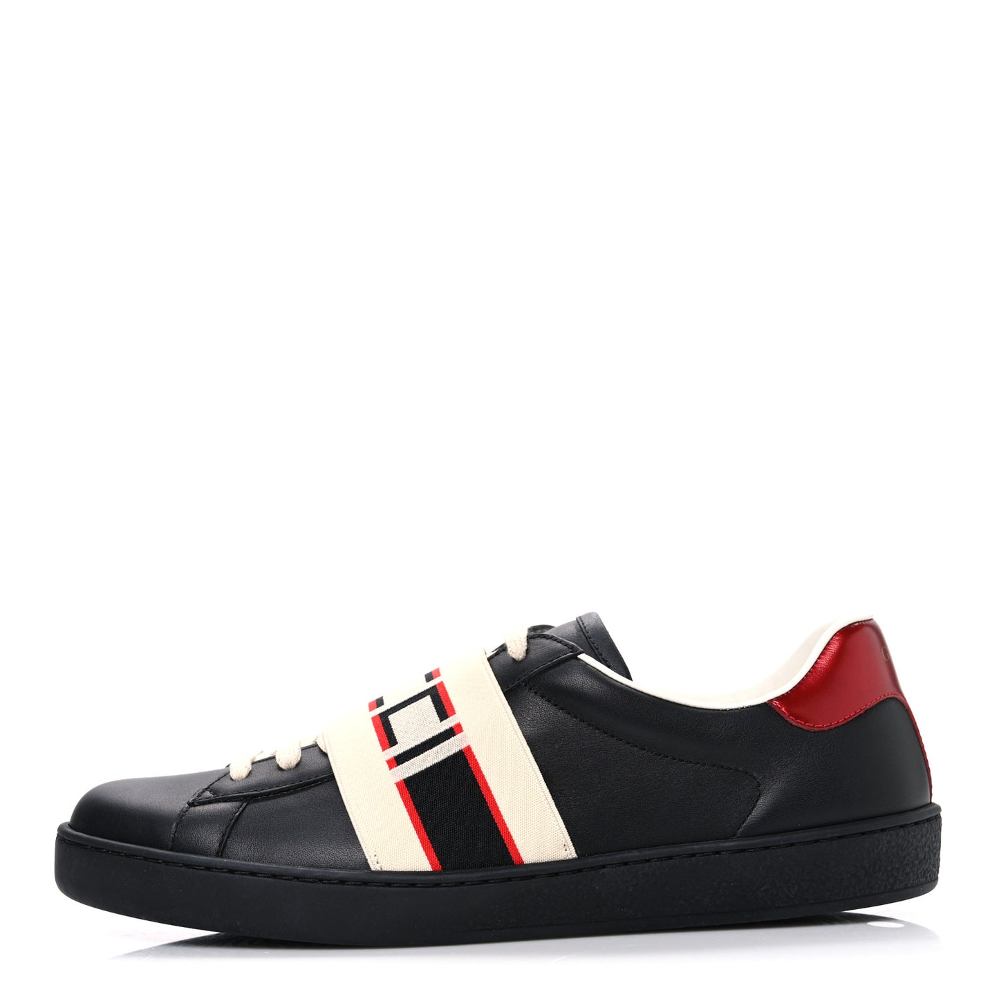 Calfskin Stripe Mens New Ace Sneakers 8.5 Black Ecru Red Flame