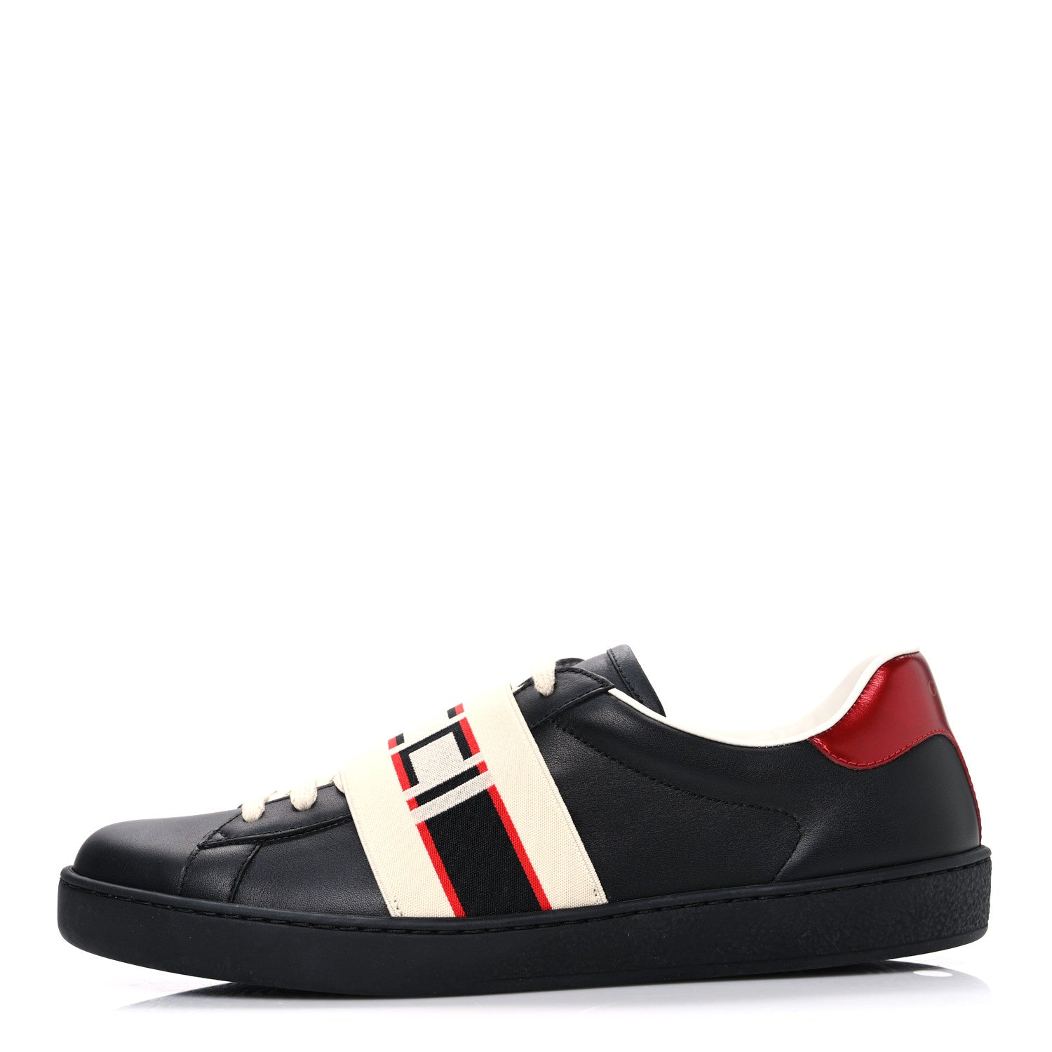 Gucci Calfskin Stripe Mens New Ace Sneakers 8.5 Black Ecru Red Flame 1 of 11
