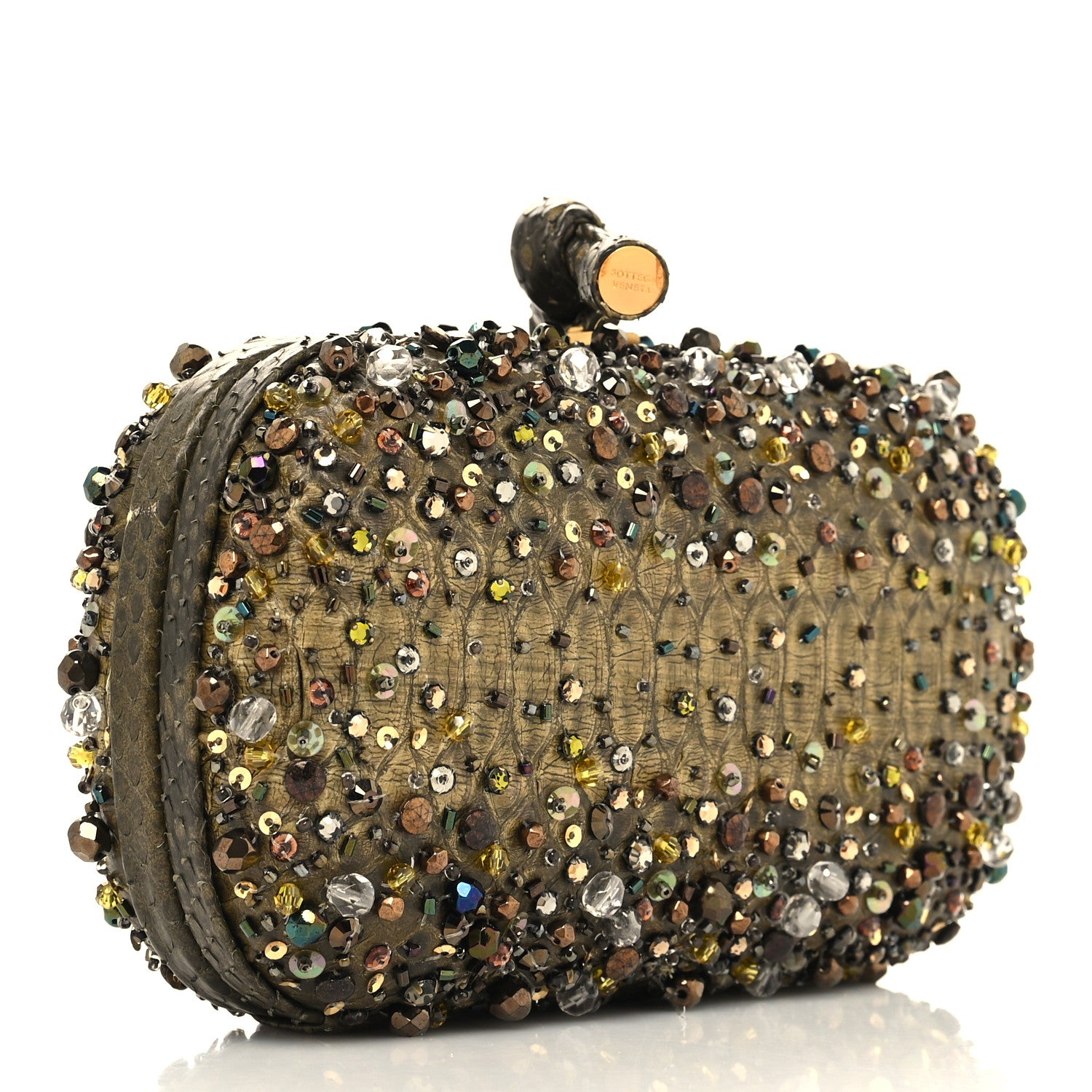 Bottega Veneta Snakeskin Crystal Bead Embellished Knot Clutch 3 of 9