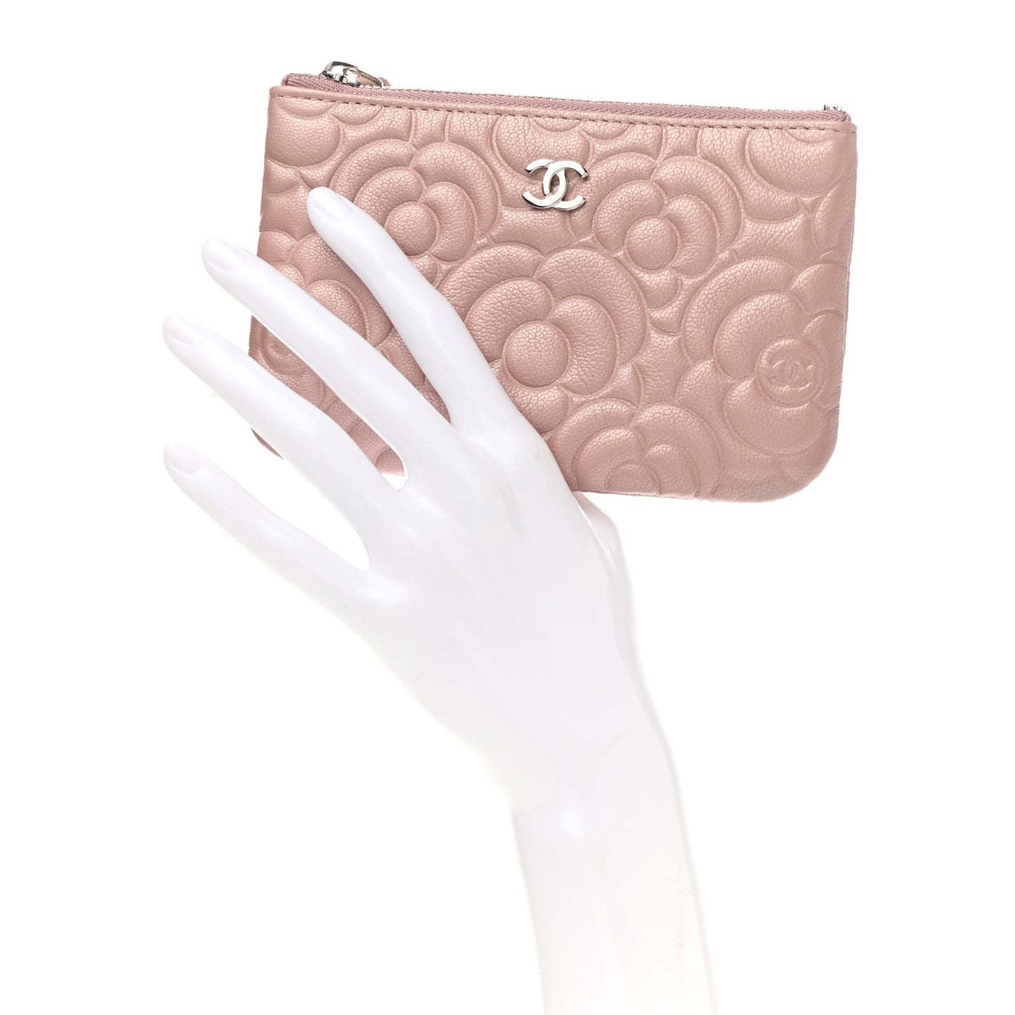 Goatskin Camellia Embossed Cosmetic Pouch Light Pink