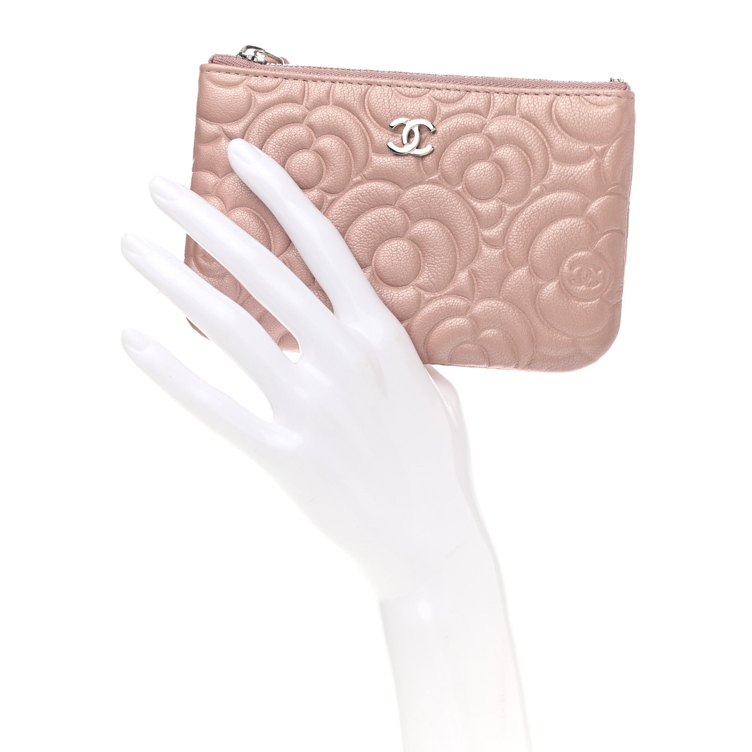 Chanel Goatskin Camellia Embossed Cosmetic Pouch Light Pink 3 of 8