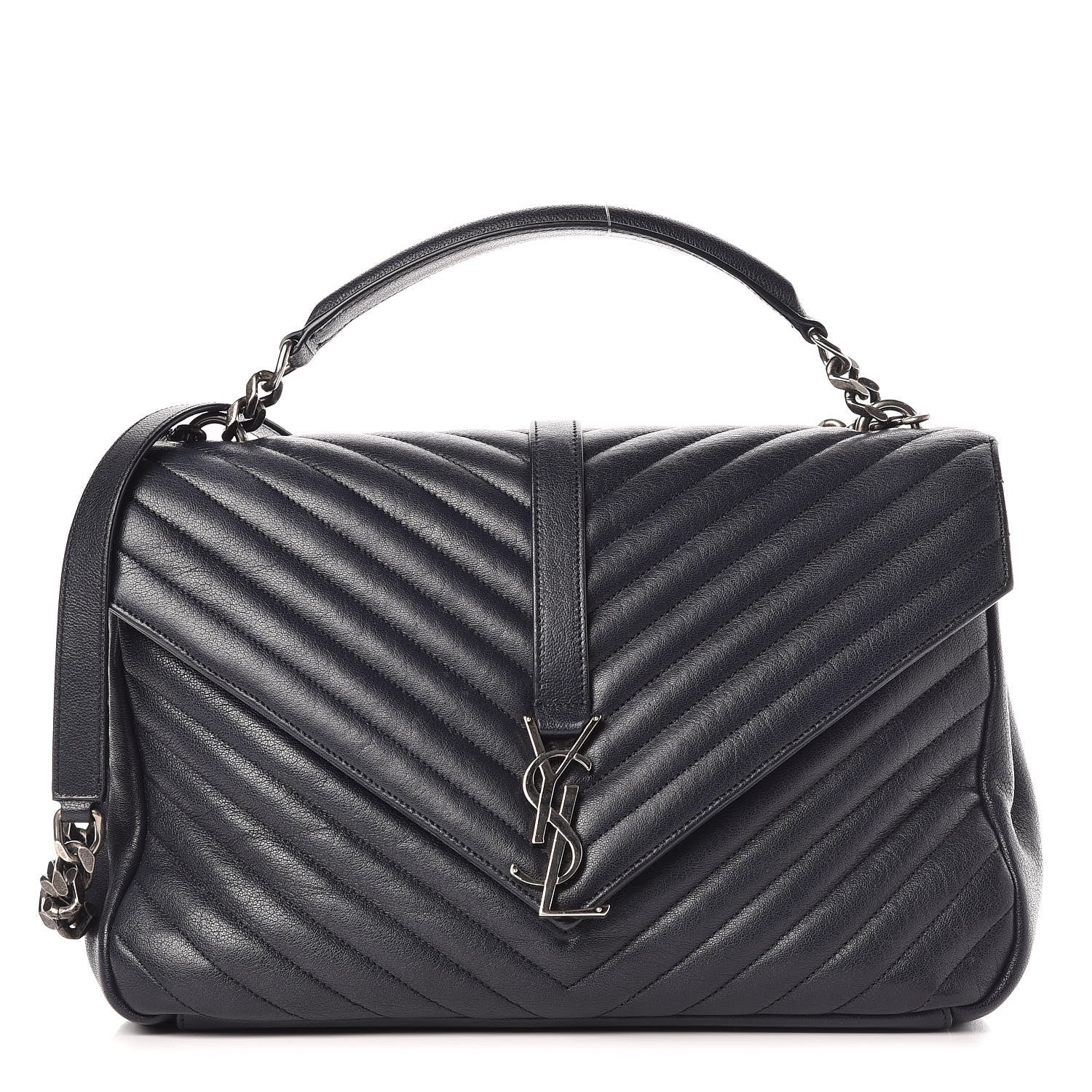 Saint Laurent Sheepskin Matelasse Chevron Monogram Large College Satchel Navy Blue 1 of 12