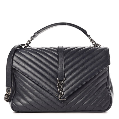 Saint Laurent Sheepskin Matelasse Chevron Monogram Large College Satchel Navy Blue 1 of 12