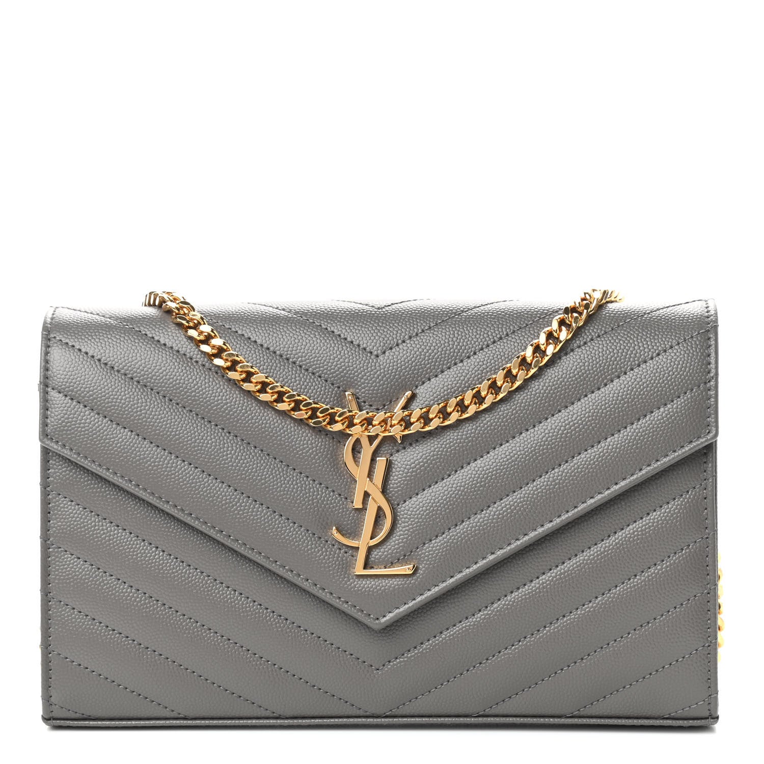 Saint Laurent Grain De Poudre Matelasse Chevron Monogram Chain Wallet Fog 1 of 8