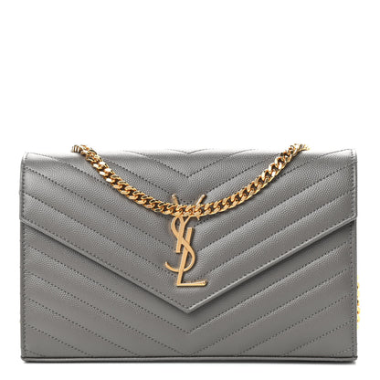 Saint Laurent Grain De Poudre Matelasse Chevron Monogram Chain Wallet Fog 1 of 8